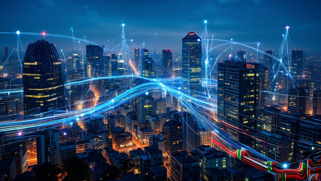 Vibrant Nairobi skyline with digital overlays